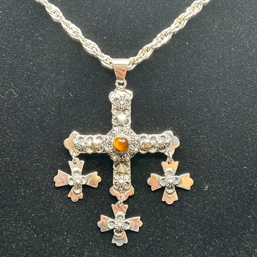 Silver Cannetille Yalalag Tiger Eye Cross Pendant & 30” Twisted Herringbone
